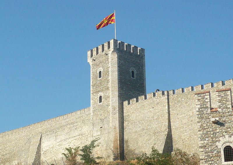 skopje fortress tower with macedonian flag