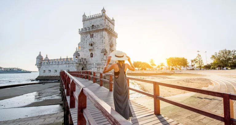 Young Woman Tourist Walking Bridge Belem Tower Riverside During Sunset Lisbon Portugal