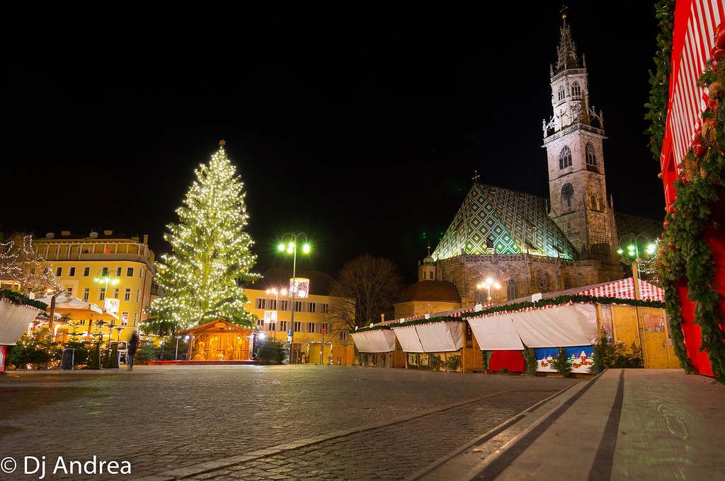 bolzano notturna piazza walter con albero di natale e presepe