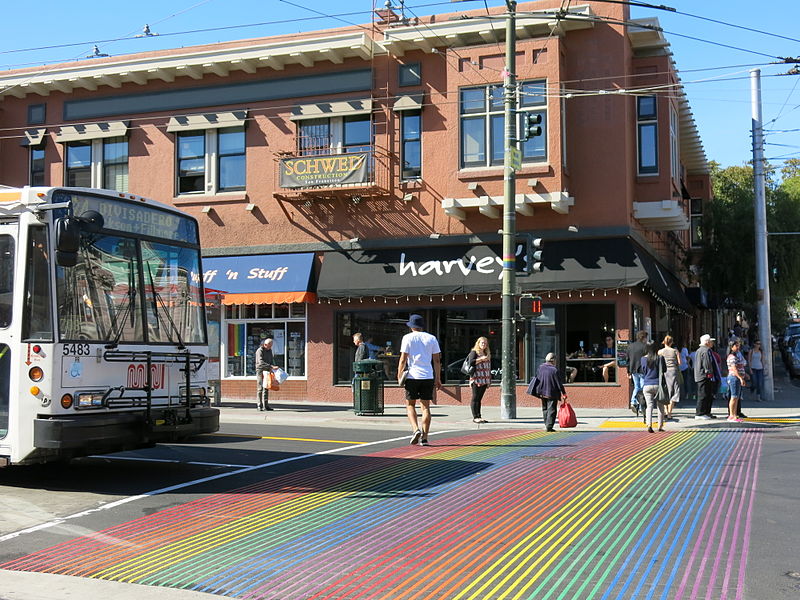 castro street pedcrossing with rainbow flag colour 1