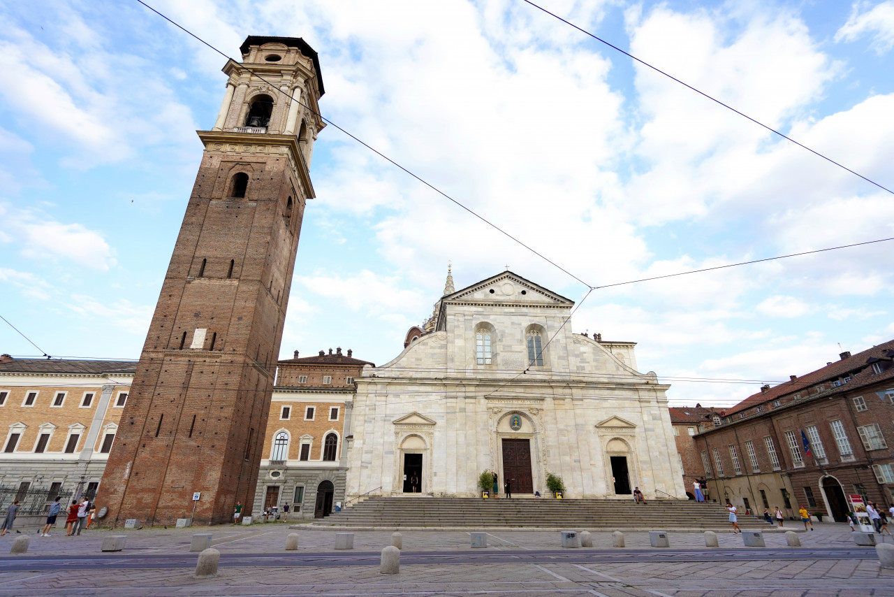 turin italy august 18 2021 cathedral saint john baptist with bell tower turin italy