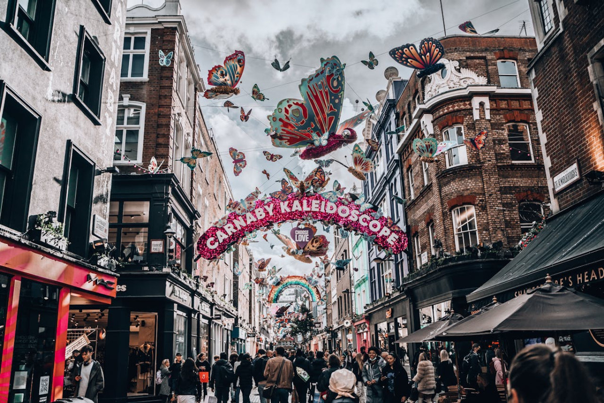 christmas decorations over a london street