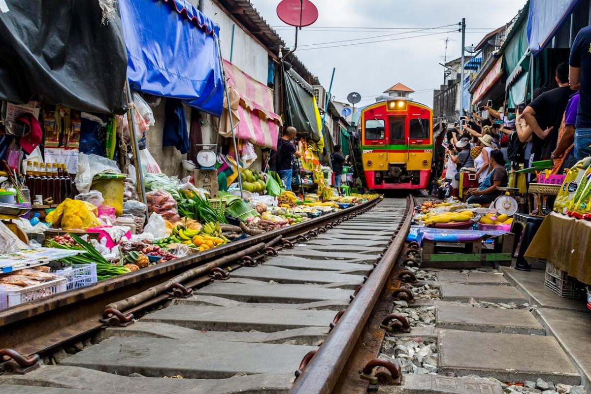 maeklong railway market in bangkok thailand