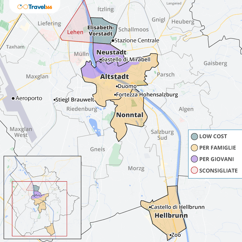 mappa migliori quartieri dove dormire salisburgo