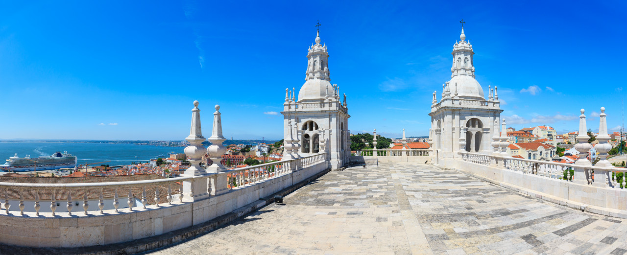 roof with white bell towers blue sky background monastery st vincent outside walls church iglesia de sao vicente de fora lisbon portugal