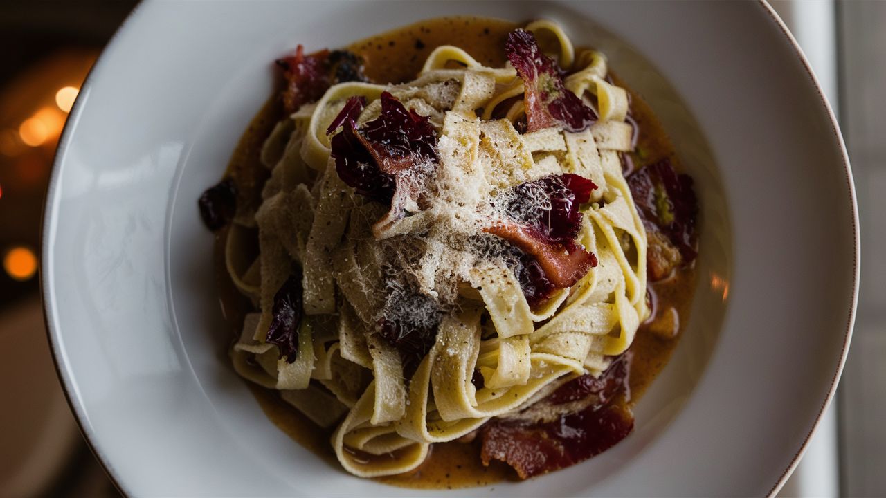 plate of tagliatelle with bacon and radicchio in