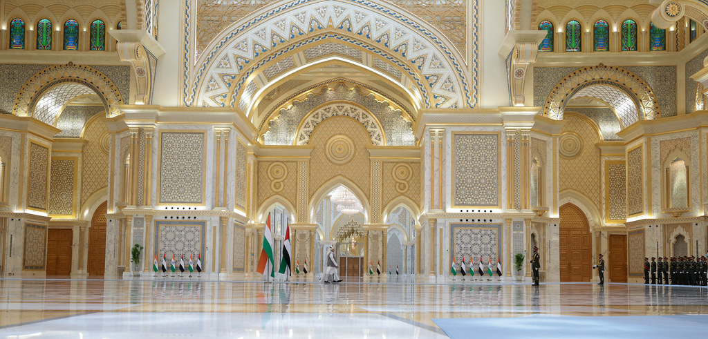 prime minister shri narendra modi was welcomed by uae president and ruler of abu dhabi hh sheikh mohamed bin zayed al nahyan at the iconic qasr al watan presidential palace in abu dhabi