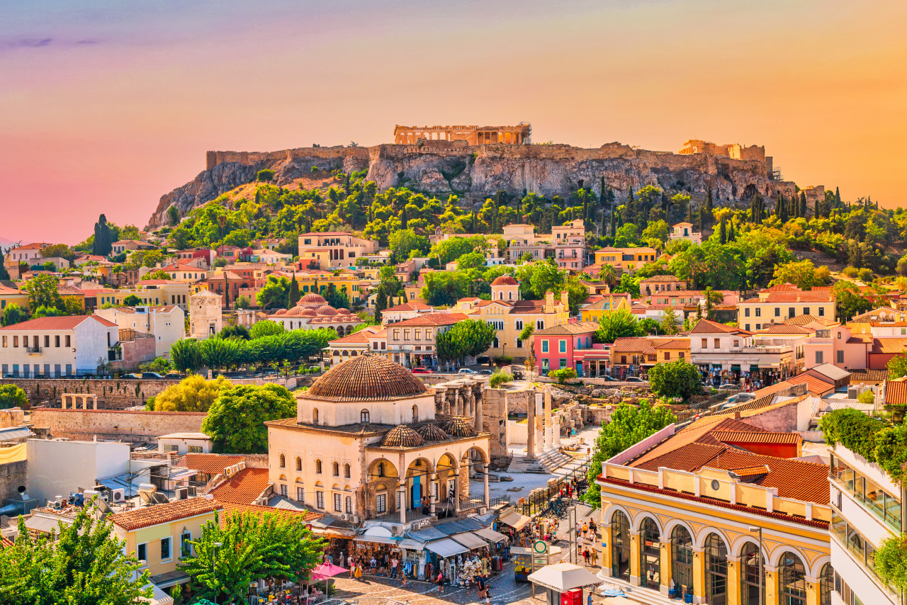 skyline athens with monastiraki square acropolis hill during sunset athens greece