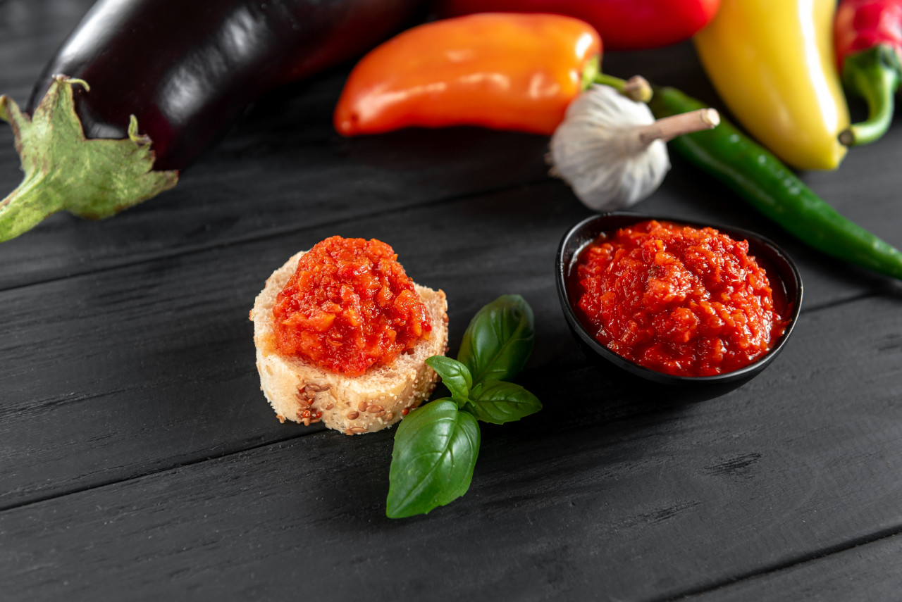 toast with ajvar ajvar homemade appetizer baked sweet peppers wooden background ing