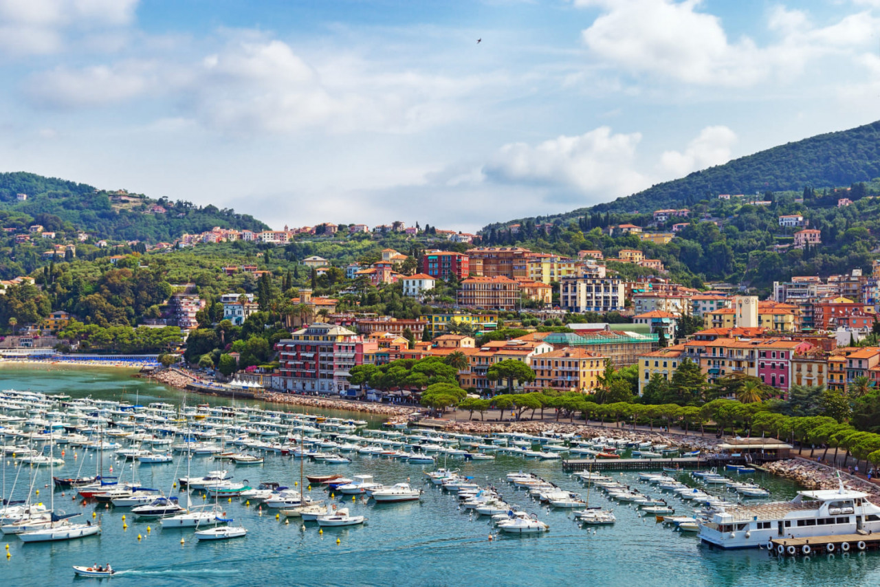 top view small city lerici ligurian coast italy province la spezia panoramic view italian town lerici lot boat harbor city beach view lerici from castle